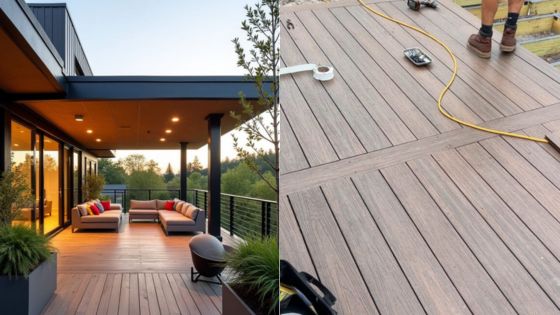 Modern wooden deck with stylish furniture and scenic view, and close-up of deck construction with tools.