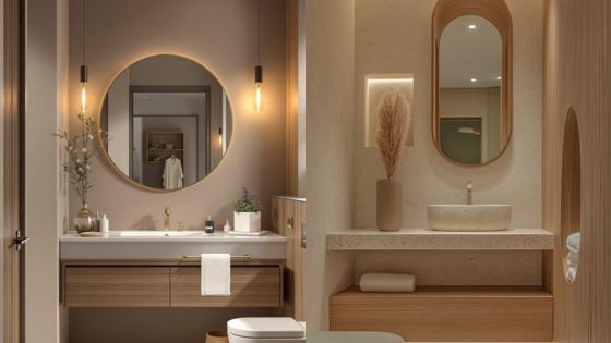 Modern bathroom with round mirror, wooden vanity, vessel sink, and ambient lighting. Elegant and minimalist design.