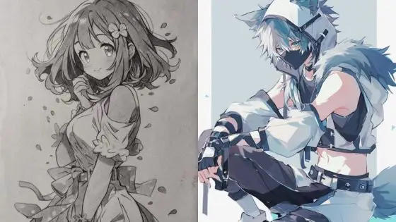 Anime characters in contrasting styles: a cheerful girl in a floral dress and a mysterious warrior in futuristic gear.