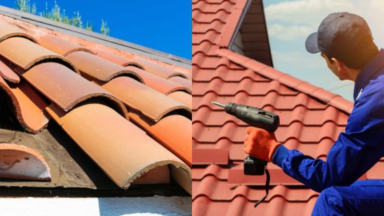 Split image of roof tiles and a worker installing roofing with a drill.