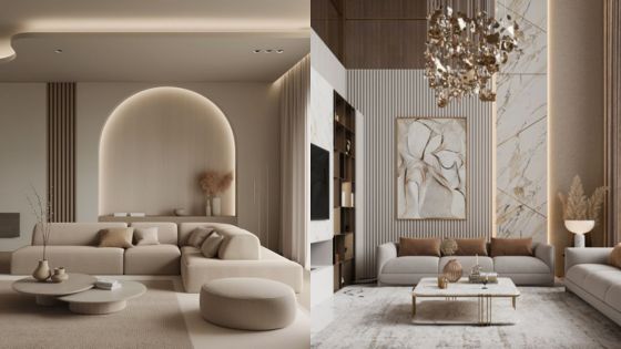 Modern living room interior with neutral tones, elegant lighting, and stylish decor elements.