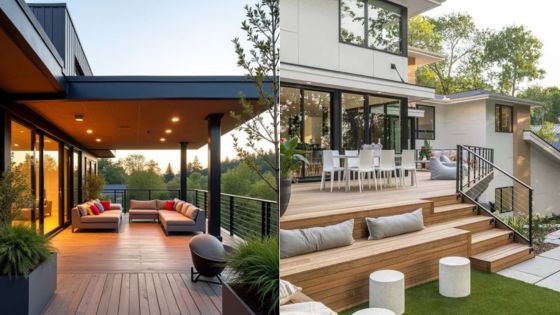 Modern outdoor patio spaces with wooden decking and cozy seating in a serene residential setting.