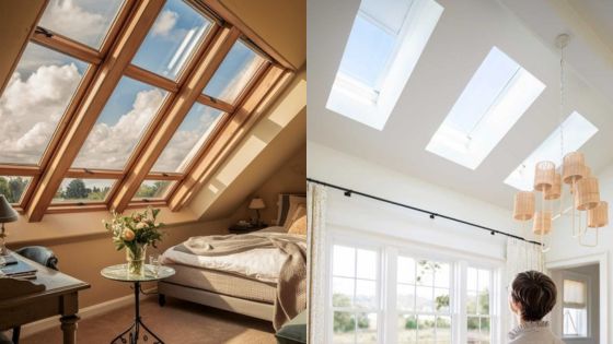 Cozy bedroom with skylights and scenic view. Bright room with modern ceiling windows and natural light.