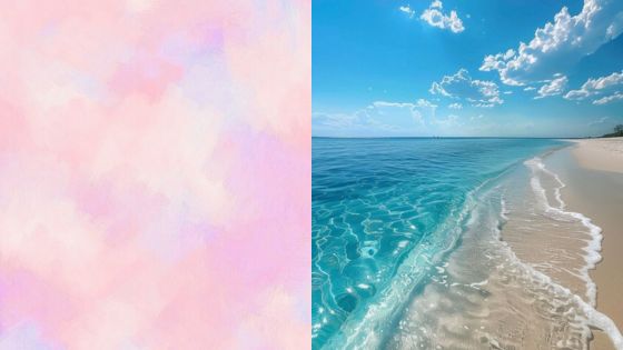 Pastel abstract art beside serene beach with clear blue water under a bright sky.