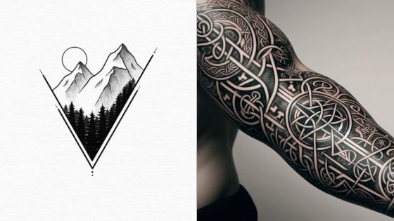 Geometric mountain art and intricate Celtic-themed arm tattoo design side by side.