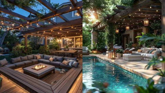 Cozy outdoor patio with fire pit and pool, featuring string lights and plush seating under wooden pergolas.