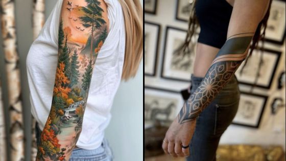 Two arms with detailed tattoos: a colorful nature scene and a geometric blackwork design.