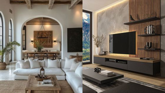 Modern living room with cozy white sofas, rustic dining area, and sleek TV unit; warm lighting and natural decor.