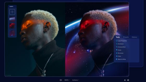 Man with blonde hair in graphic editing software interface, showcasing color and lighting effects.