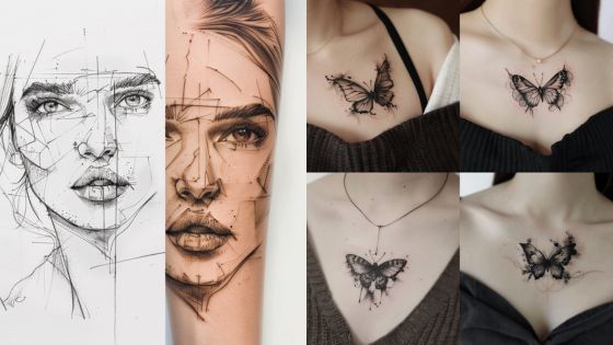 Abstract line art and geometric tattoos featuring butterfly designs and a woman's face.