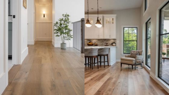 Modern home interiors with light wood flooring, combining a hallway and a kitchen area.