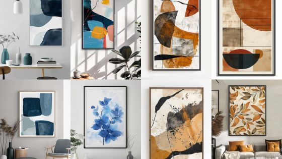 Collection of abstract and floral wall art in modern living spaces with natural lighting and minimalist decor.