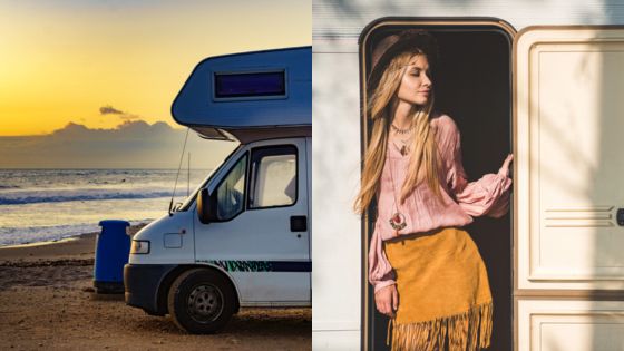 Camper van by the beach at sunset and woman in bohemian outfit standing in the doorway.