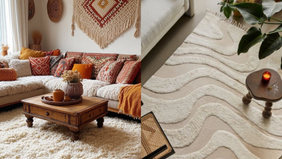 Cozy living room with boho decor, textured rugs, and warm-toned cushions on a plush sofa, accented by a wooden coffee table.