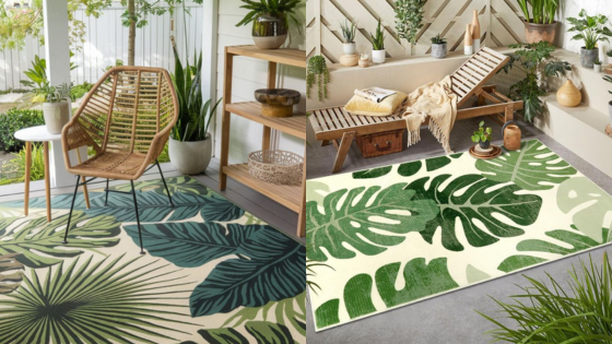 Stylish indoor spaces with woven furniture and tropical leaf rugs enhancing the plant-filled decor.