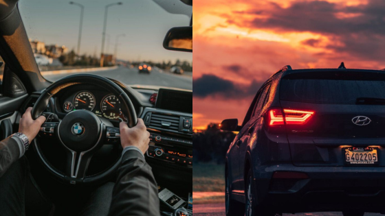 Driving luxury BMW and Hyundai SUV at sunset on scenic road.