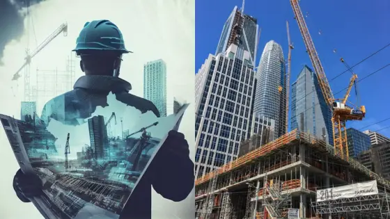 Architect reviews blueprints; skyscrapers and cranes at construction site symbolize urban development.