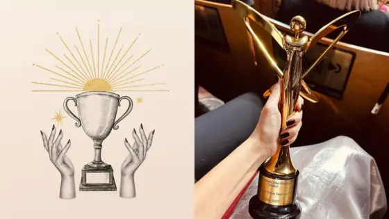 Illustration of a trophy with sunburst and a person holding a golden award in a theater setting.