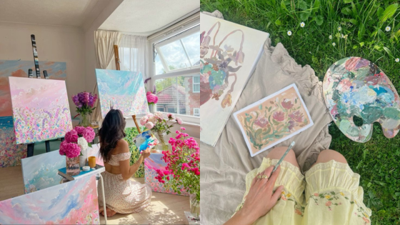 Artist painting colorful landscapes indoors and outdoors, surrounded by pink flowers and green grass.