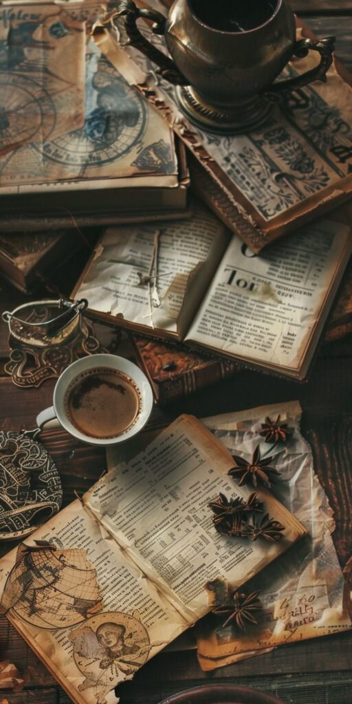 Vintage books and spices with a steaming cup of coffee on a rustic wooden table setting.