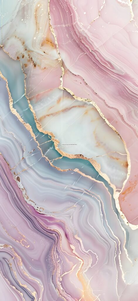 Abstract marble texture in pastel pink and blue hues with gold veins, creating a luxurious and elegant look.