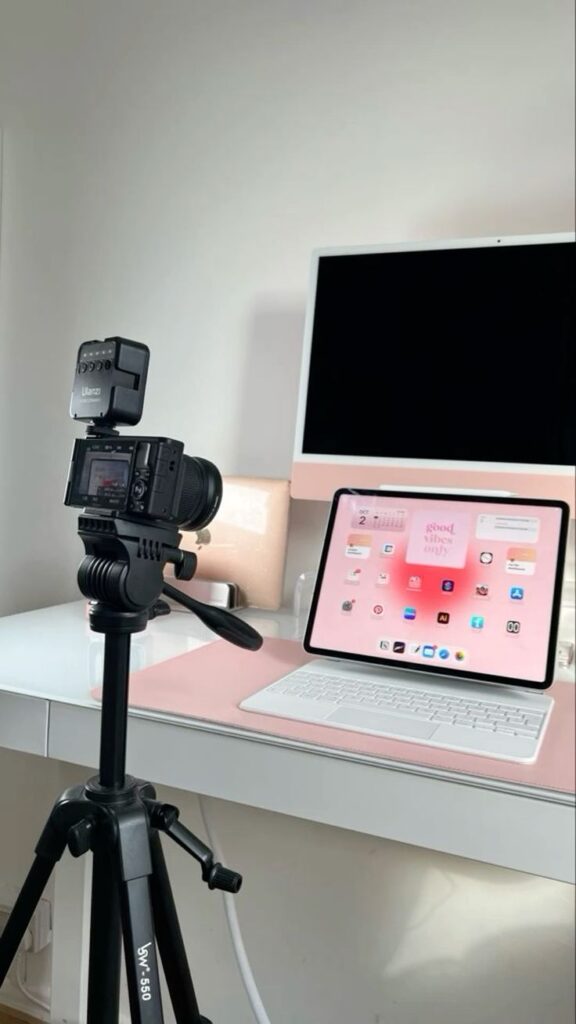 Camera on tripod recording a workspace with a tablet and monitor, featuring a pink-themed desk setup.