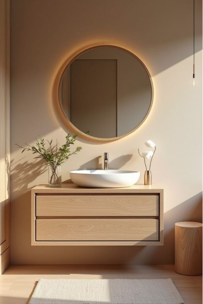 Modern bathroom with round mirror, floating wood vanity, and vessel sink in natural light.