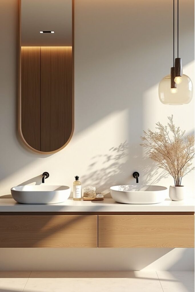 Modern bathroom vanity with dual sinks, a large mirror, and stylish lighting in natural light.