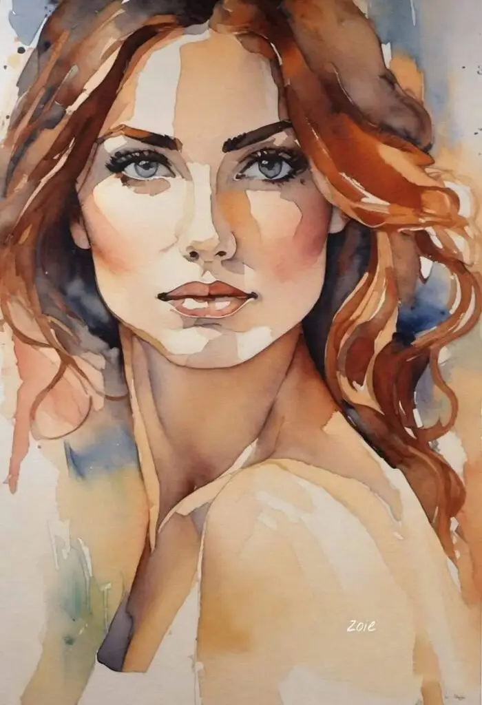 Watercolor portrait of a woman with red hair and blue eyes, showcasing a blend of soft, warm hues.