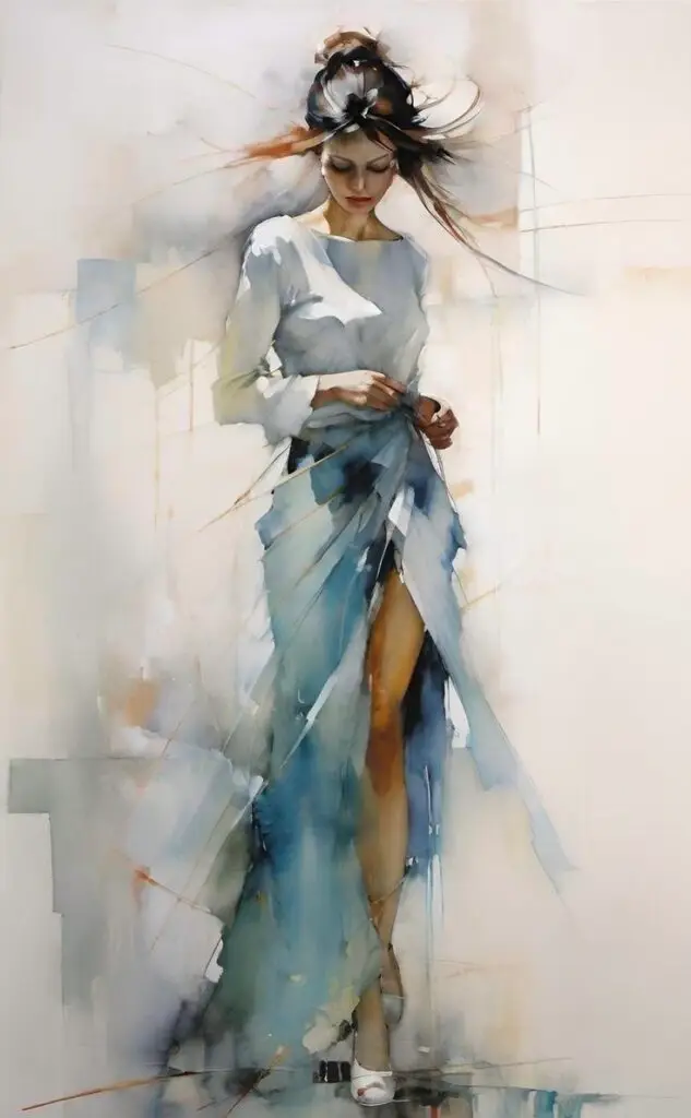 Watercolor woman in a flowing dress, modern abstract art with soft colors and elegant pose.