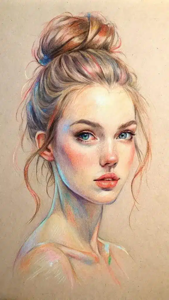 Colorful pencil drawing of a woman with blue eyes and hair in a bun, set against a beige background.
