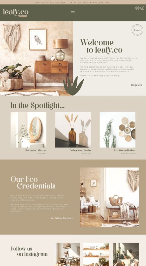 Leafy.co homepage showcasing eco-friendly homeware and sustainable decor with natural, earthy tones.