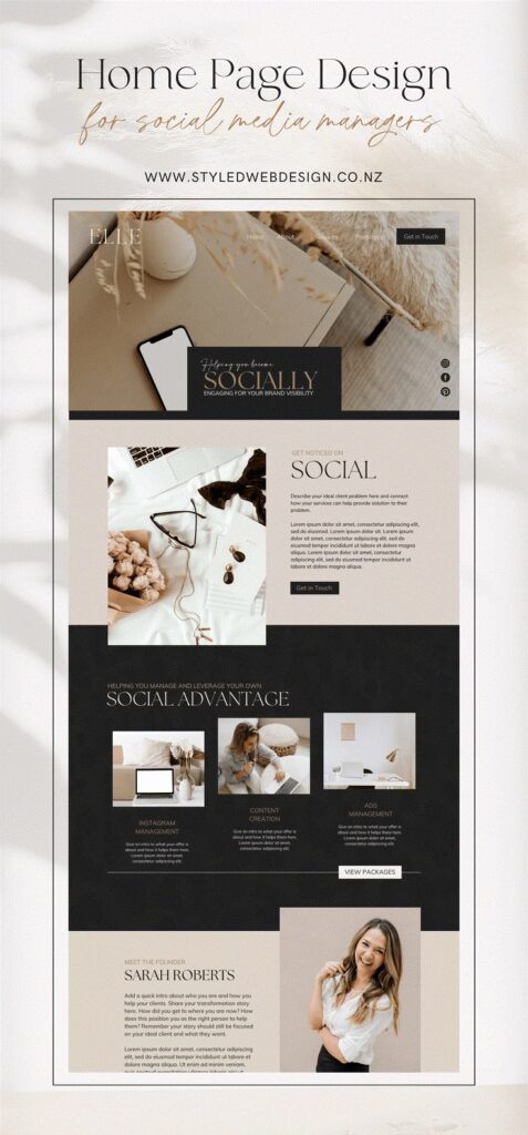 Stylish homepage design for social media managers with various service sections and a founder introduction.