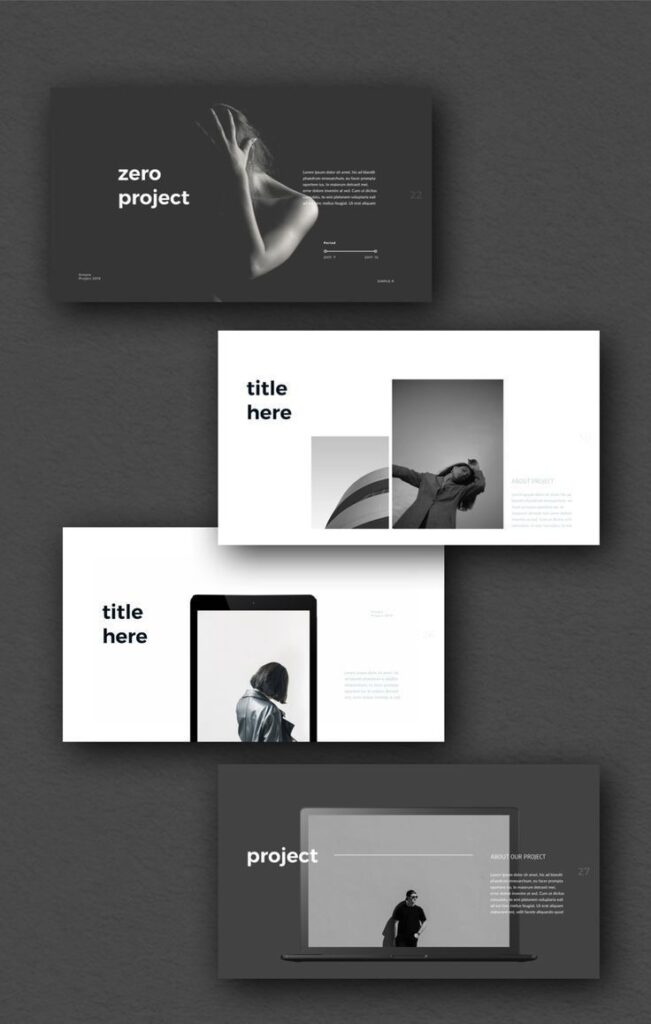 Modern black and white project design layout with artistic photography elements and sleek typography.