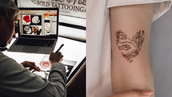 Tattoo artist designing floral patterns on laptop; abstract heart tattoo on arm.