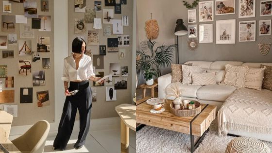 Designer viewing inspiration wall next to cozy living room with decor and gallery wall.