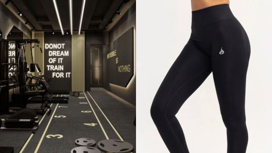 Modern gym with motivational quotes and athletic leggings for fitness enthusiasts.