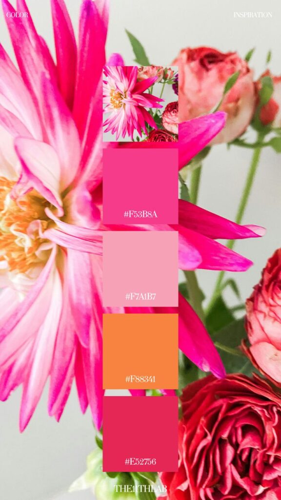 Color palette inspired by pink and red flowers with hex codes: #F53B8A, #F7A1B7, #F88341, #E52756.