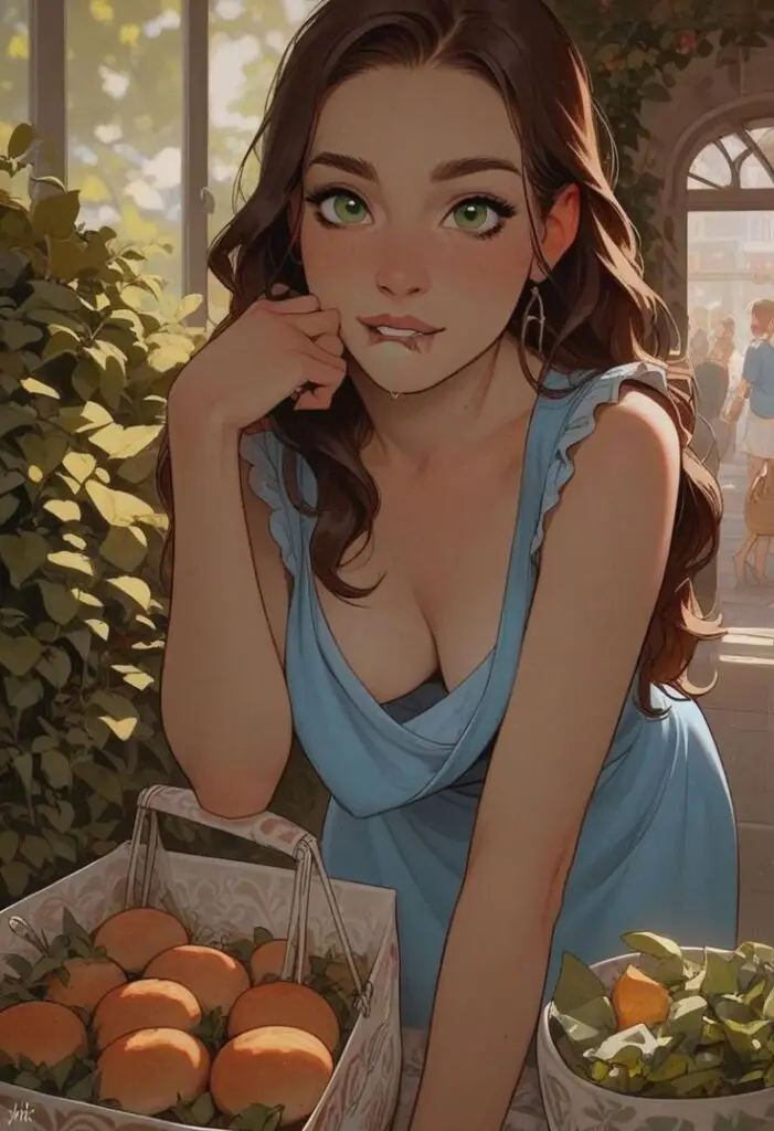 Illustrated woman in blue dress surrounded by baskets of fruit, sunlight streaming through windows, in a lively market scene.