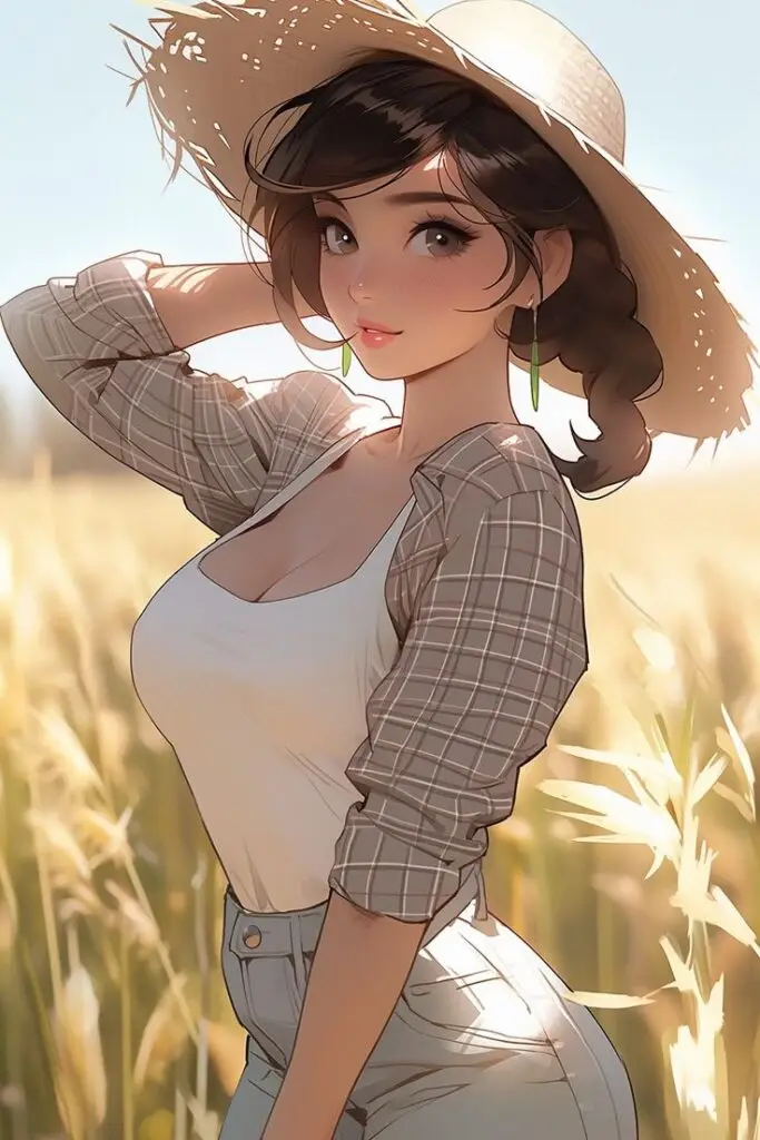 Anime girl in a sunny field wearing a straw hat, plaid shirt, and green earrings, with a playful expression.