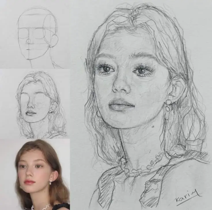 Portrait drawing process of a woman, showing sketch stages and finished pencil art next to a photo reference.