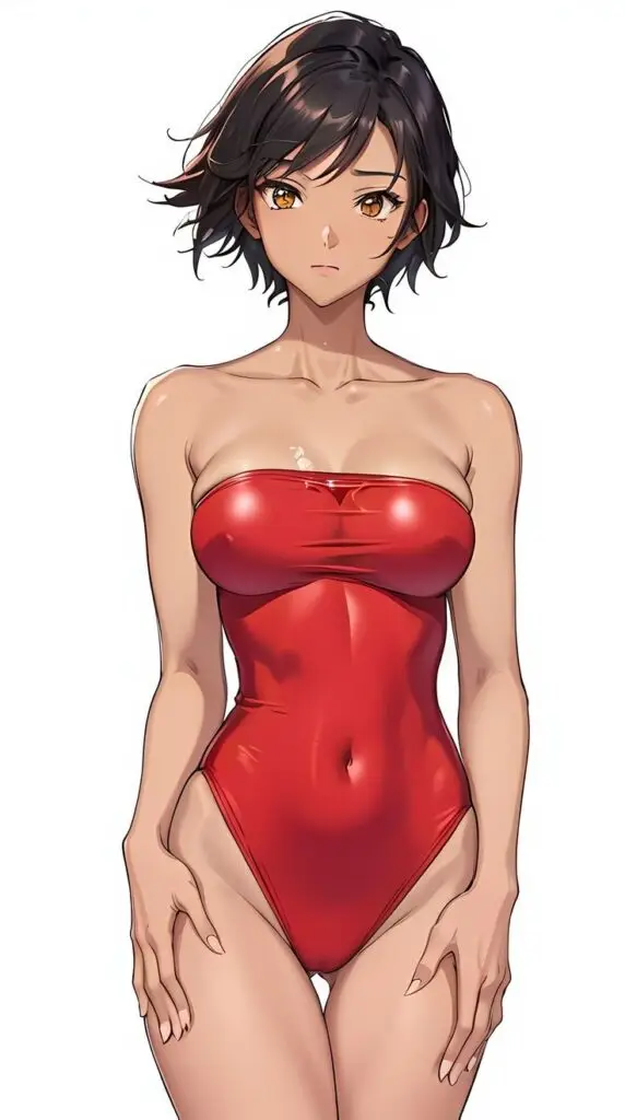 Anime character in a red strapless bodysuit, showcasing confident expression and short dark hair.