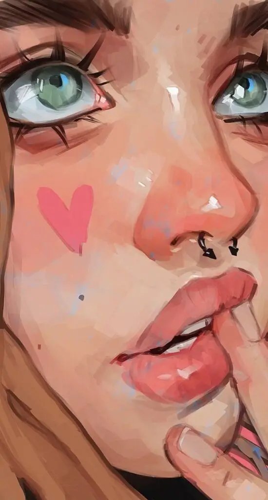 Illustrated close-up of a person's face with green eyes, heart mark on cheek, and finger near lips.