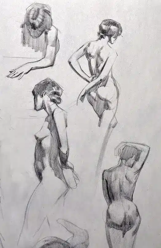 Figure drawing sketches of a nude woman in various poses, showcasing artistic anatomy and shading techniques.