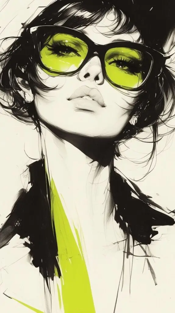 Stylish illustrative portrait of woman with neon green sunglasses and bold black strokes, contemporary art style.