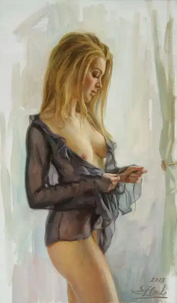 Oil painting of a woman in a sheer blouse, side view, with artistic brushstroke background.