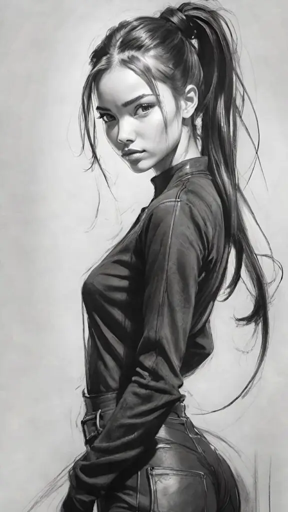 Black and white illustration of a woman with a ponytail, wearing a fitted top.