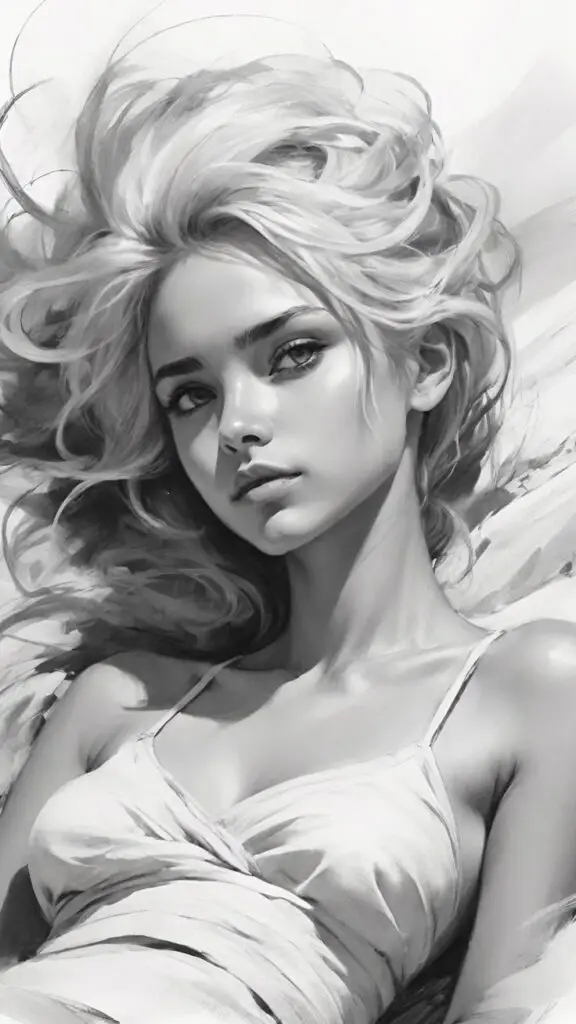 Black and white portrait of a woman with flowing hair, gazing thoughtfully, wearing a white top.