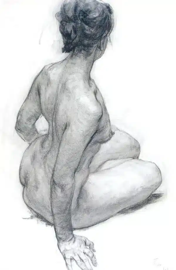 Charcoal drawing of a seated nude woman, facing away, showcasing detailed anatomy and artistic shading techniques.