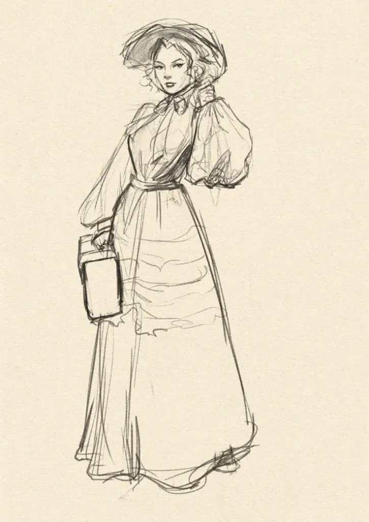 Sketch of a woman in vintage dress with a large hat, carrying a suitcase, drawn in pencil on beige paper.
